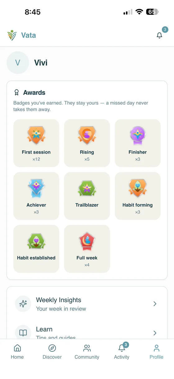Vata awards — badges you earn as your habits stick