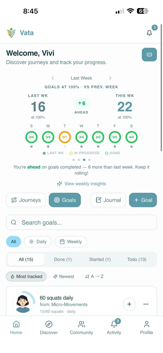 The Vata app home screen showing this week's progress and your goals
