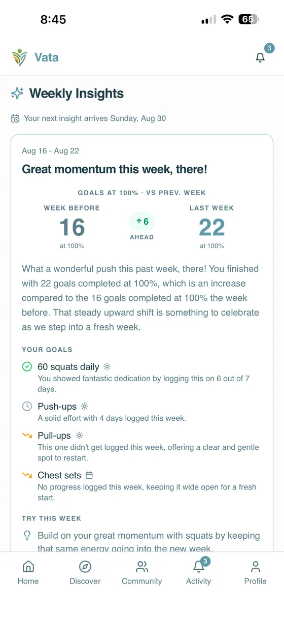 Vata's weekly insights — a personalized review of your week
